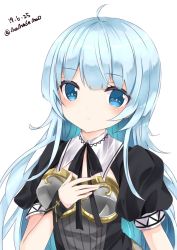 Rule 34 | 1girl, artist name, bad id, bad pixiv id, black dress, black ribbon, blue eyes, blue hair, blush, character request, closed mouth, copyright request, dated, dress, hand on own chest, hand up, long hair, looking at viewer, nanase nao, neck ribbon, puffy short sleeves, puffy sleeves, ribbon, short sleeves, simple background, solo, twitter username, upper body, very long hair, white background, wrist cuffs