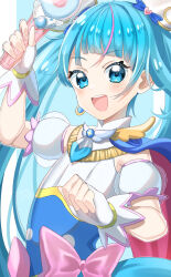 Rule 34 | 1girl, :d, blue cape, blue dress, blue eyes, blue hair, bow, brooch, cape, commentary, cure sky, cut bangs, detached sleeves, dress, dress bow, earrings, fingerless gloves, gloves, highres, hirogaru sky! precure, holding, jewelry, long hair, looking at viewer, magical girl, multicolored hair, open mouth, pink hair, precure, puffy detached sleeves, puffy sleeves, red cape, single earring, single sidelock, sky mirage, sleeveless, sleeveless dress, smile, solo, sora harewataru, streaked hair, twintails, two-tone cape, two-tone dress, white dress, white gloves, wing brooch, wing hair ornament, yunagi (yng hoti)