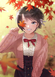 Rule 34 | 1girl, :d, aran sweater, autumn, autumn leaves, black hair, blouse, blue skirt, blurry, blurry background, blurry foreground, bow, bowtie, cable knit, cardigan, commentary, covering one eye, depth of field, eyelashes, falling leaves, frilled shirt, frills, green eyes, grin, hair ribbon, holding, holding leaf, hololive, leaf, long sleeves, looking at viewer, maple leaf, nail polish, one eye closed, oozora subaru, oozora subaru (casual), open mouth, outdoors, pink cardigan, pink nails, plaid, plaid skirt, red bow, red bowtie, red ribbon, ribbon, shirt, short hair, skirt, smile, solo, standing, sweater, swept bangs, tree, upper body, virtual youtuber, white ribbon, white shirt, yamamori umi