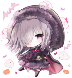 Rule 34 | 1girl, bad id, bad pixiv id, black cape, black dress, black footwear, blush, boots, cape, chibi, closed mouth, commentary request, cottontailtokki, dress, full body, fur-trimmed dress, fur-trimmed hood, fur-trimmed sleeves, fur trim, grey hair, hair over one eye, halloween, hood, hood up, hooded cape, long hair, long sleeves, looking at viewer, multicolored cape, multicolored clothes, purple eyes, red cape, shadowverse, shingeki no bahamut, simple background, smile, solo, very long hair, white background, wizardess of oz