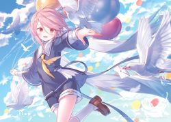 Rule 34 | 1girl, animal on arm, balloon, bird, bird on arm, blue sky, blush, cloud, cloudy sky, day, dove, envelope, feathers, hair between eyes, heart, holding, ibara riato, layered clothes, letter, loafers, long sleeves, neckerchief, open mouth, original, pink hair, red eyes, ribbon, sailor collar, school uniform, serafuku, shirt, shoes, shorts, sky, smile, socks, solo, striped clothes, striped socks, tube socks, white shirt, white socks, wide sleeves