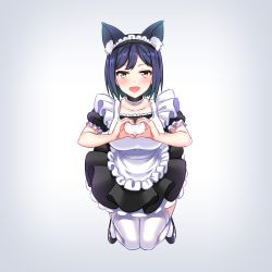 Rule 34 | 1girl, :d, animal ears, apron, black dress, black footwear, blue hair, blush, breasts, collarbone, dress, frilled apron, frills, grey background, heart, heart hands, highres, kemonomimi mode, large breasts, looking at viewer, maid apron, maid headdress, nijisanji, open mouth, pleated dress, puffy short sleeves, puffy sleeves, shirihime, shizuka rin, shoes, short hair, short sleeves, simple background, smile, solo, thighhighs, virtual youtuber, white apron, white thighhighs, yellow eyes