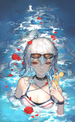Rule 34 | 1girl, absurdres, arknights, bare shoulders, black choker, breasts, chinese commentary, choker, cleavage, commentary request, copyright name, cup, drinking glass, drinking straw, eyewear on head, flower, food, fruit, hair between eyes, hand up, highres, holding, holding cup, large breasts, lemon, lemon slice, long hair, looking at viewer, no headwear, official alternate costume, parted lips, partially submerged, petals, red eyes, red flower, red rose, rose, rose petals, silver hair, skadi (arknights), skadi (waverider) (arknights), solo, spade-m, sunglasses on head, upper body, water