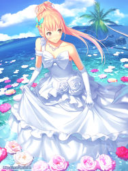 Rule 34 | 1girl, bare shoulders, blonde hair, brown eyes, butterfly hair ornament, clothes lift, dress, dress lift, elbow gloves, flower, gloves, hair ornament, himehara tsubasa, ilog, jewelry, long hair, mana kakkowarai, necklace, official art, palm tree, ponytail, smile, solo, tree, water, watermark, web address, wedding dress, wet, wet clothes, white gloves