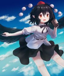 Rule 34 | 1girl, absurdres, ar (maeus), black hair, black ribbon, black skirt, black wings, blue sky, cloud, commentary, feathered wings, feet out of frame, flying, highres, holding, holding notebook, holding pen, legs apart, looking at viewer, medium hair, notebook, open mouth, pen, pom pom (clothes), red eyes, red headwear, ribbon, shameimaru aya, shirt, short sleeves, skirt, sky, solo, touhou, white shirt, wings