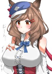 Rule 34 | 1girl, absurdres, alternate breast size, animal ears, blue hat, blush, bouncing breasts, breasts, cabbie hat, closed mouth, clothing cutout, collarbone, commentary request, ears through headwear, grabbing own breast, hair ornament, hairclip, hat, highres, horse ears, horse girl, kumiyabe, large breasts, matikane tannhauser (umamusume), medium hair, orange eyes, portrait, ribbon, shoulder cutout, simple background, solo, umamusume, white background