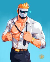 Rule 34 | 1boy, abs, absurdres, artist logo, artist name, bara, bare pectorals, blonde hair, blue background, blush, clothes pull, collared shirt, covered face, glowing, glowing eyes, heart, highres, indie virtual youtuber, large pectorals, leather, leather belt, male focus, manly, mask, masked himbo (silvyspark), mature male, mondoart, muscular, muscular male, necktie, necktie grab, neckwear grab, nipples, one eye closed, pants, partially unbuttoned, pectorals, shirt, shirt pull, solo, spiked hair, superman exposure, thick arms, virtual youtuber, watch
