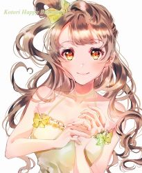Rule 34 | 1girl, artist name, artist request, blush, bow, breasts, brown eyes, brown hair, collarbone, curly hair, dress, female focus, green bow, grey hair, hair bow, highres, light brown hair, long hair, looking at viewer, love live!, love live! school idol project, minami kotori, own hands together, parted lips, side ponytail, small breasts, smile, solo, white background, white dress