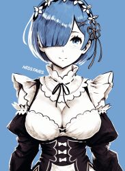 Rule 34 | 1girl, apron, artist name, black dress, blue background, blue eyes, blue hair, blue theme, breasts, cleavage, closed mouth, commentary, detached collar, detached sleeves, dress, english commentary, hair ornament, hair over one eye, highres, large breasts, long sleeves, maid, maid headdress, miss faves, pink ribbon, re:zero kara hajimeru isekai seikatsu, rem (re:zero), ribbon, roswaal mansion maid uniform, short hair, smile, solo, upper body, white apron, x hair ornament