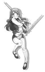 Rule 34 | 1girl, :d, bad id, bad pixiv id, blush, body blush, dual wielding, full body, futaba aoi (vividred operation), greyscale, hairband, highres, holding, kneehighs, leg lift, long hair, long sleeves, looking at viewer, mary janes, midriff, monochrome, open mouth, over shoulder, school uniform, shadow, shinai, shoes, short shorts, shorts, simple background, smile, socks, standing, sword, sword over shoulder, vividred operation, weapon, weapon over shoulder, yoshitani motoka