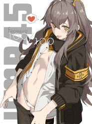 Rule 34 | 1girl, :p, black pantyhose, bow, bow panties, breasts, clothes pull, girls&#039; frontline, grey hair, groin, heart, highres, hood, hooded jacket, jacket, long hair, looking at viewer, lowleg, ningen (ningen96), open clothes, panties, pantyhose, pantyhose pull, pill, scar, scar across eye, scar on face, small breasts, smile, solo, spoken heart, tongue, tongue out, ump45 (girls&#039; frontline), underwear, very long hair, white panties, yellow eyes