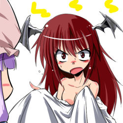 Rule 34 | 2girls, angry, bat wings, blush, breasts, cleavage, covering privates, female focus, head wings, kiku hitomoji, koakuma, multiple girls, no nipples, open mouth, patchouli knowledge, red eyes, red hair, small breasts, embodiment of scarlet devil, topless, touhou, upper body, wings