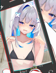 Rule 34 | 1girl, amane kanata, amane kanata (nurse), angel wings, bare arms, bare shoulders, bikini, black bikini, blue hair, blush, cellphone photo, collarbone, colored inner hair, commentary request, feathered wings, grey hair, hair intakes, highres, holding, hololive, long hair, looking at viewer, midorikawa (tawf5452), mini wings, multicolored hair, open mouth, purple eyes, sidelocks, solo focus, streaked hair, sweatdrop, swimsuit, taking picture, upper body, virtual youtuber, white wings, wings