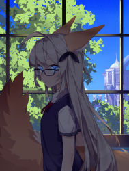Rule 34 | 1girl, :/, ahoge, animal ears, arm at side, black-framed eyewear, blonde hair, blue eyes, bow, bowtie, building, closed mouth, collared shirt, day, deathalice, elin, fox ears, fox tail, from side, hair between eyes, highres, indoors, long hair, looking at viewer, plaid, plaid bow, plaid bowtie, red bow, red bowtie, school uniform, shirt, short sleeves, sky, solo, sweater vest, tail, tera online, tree, very long hair, white shirt, window, wing collar