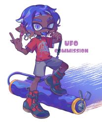 Rule 34 | 1boy, \m/, blue eyes, blue hair, commentary request, commission, dark-skinned male, dark skin, ear piercing, fishing hook earrings, full body, grey shorts, high tops, highres, holding, holding weapon, inkling, inkling boy, inkling player character, korean commentary, male focus, medium hair, nintendo, piercing, pointy ears, print shirt, red footwear, red shirt, shirt, shoes, shorts, simple background, sneakers, solo, splat roller (splatoon), splatoon (series), splatoon 3, standing, standing on one leg, tentacle hair, tongue, tongue out, tongue piercing, ufo sw, watermark, weapon, white background