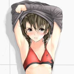 Rule 34 | 1girl, armpits, arms up, bare shoulders, blush, braid, breasts, brown hair, fed (giba), green eyes, hair between eyes, long sleeves, looking at viewer, open mouth, original, shadow, short hair, solo, sports bra, sweat, twin braids, underboob, undressing, upper body