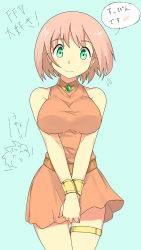 Rule 34 | 1990s (style), 1girl, ^q^, bare shoulders, blush, breasts, final fantasy, final fantasy v, green eyes, highres, jewelry, kamuran, large breasts, lenna charlotte tycoon, looking at viewer, orange shirt, pink hair, shirt, short hair, smile, solo, v arms