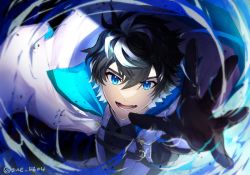Rule 34 | 1boy, :d, armor, black gloves, black hair, blue cloak, blue eyes, charlemagne (fate), cloak, fate/extella, fate/extella link, fate/extra, fate/grand order, fate (series), gloves, high collar, highres, looking at viewer, male focus, multicolored hair, open mouth, short hair, smile, solo, sue 5604, teeth, twitter username, two-tone hair, upper body, white cloak, white hair