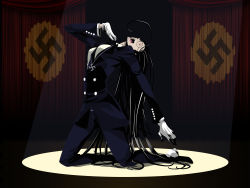 Rule 34 | ahoge, black hair, curtains, fang, formal, freckles, gloves, hellsing, highres, light, light ray, music, nazi, open mouth, red eyes, rip van winkle, scene, shoes, singing, suit, swastika, theater, vampire, vector trace, wallpaper, white gloves