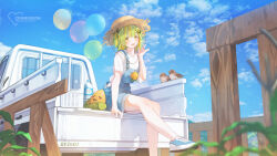 Rule 34 | 1girl, absurdres, balloon, bird, blonde hair, blue overalls, blue sky, blush, cloud, cloudy sky, commentary, commission, corn, corn hair ornament, day, fence, green hair, hat, highres, looking at viewer, mole, mole under eye, motor vehicle, multicolored hair, open mouth, original, outdoors, overall shorts, overalls, patch oxxo, pickup truck, plastic bottle, shirt, short hair, sitting, sky, straw hat, symbol-only commentary, truck, two-tone hair, white shirt, wooden fence