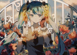 Rule 34 | 1girl, closed mouth, commentary, commentary request, detached sleeves, flower, frilled gloves, frilled sleeves, frills, garden, gloves, green hair, hair flower, hair ornament, hands up, hatsune miku, lobelia (saclia), outdoors, ribbon, smile, solo, twintails, vocaloid