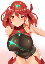 Rule 34 | 1girl, black one-piece swimsuit, breasts, competition swimsuit, covered navel, earrings, fingerless gloves, gloves, headpiece, jewelry, large breasts, looking at viewer, nintendo, one-piece swimsuit, pyra (pro swimmer) (xenoblade), pyra (xenoblade), red eyes, red hair, short hair, sidelocks, simple background, solo, swept bangs, swimsuit, tiara, white background, xenoblade chronicles (series), xenoblade chronicles 2, zukky