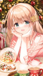 Rule 34 | 1girl, :d, blue eyes, blush, box, brown hair, christmas ornaments, christmas tree, collarbone, commentary request, cup, gift, gift box, hair between eyes, hands up, highres, kimishima ao, long hair, looking at viewer, momoi saki, mug, open mouth, original, pink shirt, shirt, short sleeves, smile, snow globe, solo, steam, tray