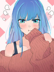 Rule 34 | 1girl, bare shoulders, black bra, blue hair, blush, bra, bra strap, brown sweater, closed mouth, collarbone, commentary, dated, english commentary, green eyes, hand up, highres, kurokawa akane, long hair, looking at viewer, melko (merili), off shoulder, oshi no ko, pout, puff of air, sidelocks, signature, sleeves past fingers, sleeves past wrists, solo, sweater, underwear, upper body
