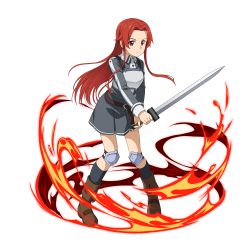 Rule 34 | 1girl, armor, black socks, boots, breastplate, brown footwear, closed mouth, collared dress, dress, floating hair, full body, grey dress, hair intakes, highres, holding, holding sword, holding weapon, kneehighs, leaning forward, long hair, long sleeves, official art, pleated dress, red eyes, red hair, school uniform, short dress, socks, solo, stance, standing, sword, sword art online, sword art online: memory defrag, sword mastery academy school uniform, thighs, tiese schtrinen, transparent background, very long hair, weapon, white armor, wing collar