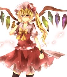 Rule 34 | 1girl, bad id, bad pixiv id, black thighhighs, blonde hair, flandre scarlet, hat, hat ribbon, mob cap, parimu, red eyes, ribbon, side ponytail, solo, thighhighs, touhou, wings, wrist cuffs