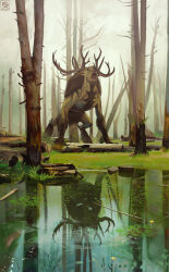 Rule 34 | absurdres, antlers, artist logo, commentary, dated, deer antlers, english commentary, fiend (witcher), fog, highres, monster, monster focus, no humans, open mouth, outdoors, reflection, reflective water, solo, the witcher (series), the witcher 3, tree, vangega, water, watermark