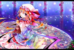 Rule 34 | 1girl, adapted costume, bad id, bad pixiv id, blonde hair, bow, bridal gauntlets, dress, female focus, fingerless gloves, flandre scarlet, flower, frills, gathers, gloves, hat, hat bow, letterboxed, light particles, long hair, looking back, petals, red eyes, red flower, red rose, reflection, rose, rose petals, shunsuke, side ponytail, smile, solo, stuffed animal, stuffed toy, teddy bear, touhou, water, wings