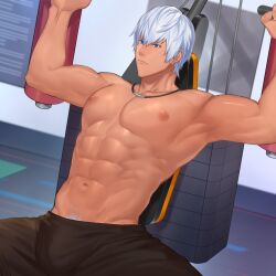 1boy abs arms_up black_shorts blue_eyes closed_mouth earrings helios_rising_heroes jewelry male_focus muscular muscular_male navel nipples oscar_bale pubic_hair short_hair shorts solo stomach white_hair white_pubic_hair zhineart