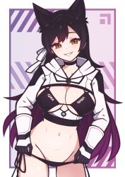 Rule 34 | 1girl, absurdres, alternate costume, animal ears, atago (azur lane), azur lane, bacon strips, bikini, black bikini, black choker, black gloves, black hair, blush, breasts, choker, cleavage, commentary, commission, cowboy shot, english commentary, fox ears, gloves, gradient hair, grin, groin, hair ribbon, highres, hood, hooded jacket, jacket, large breasts, long hair, looking at viewer, mole, mole under eye, multicolored hair, navel, o-ring, o-ring bikini, o-ring top, orange eyes, pink background, purple background, purple hair, ribbon, shrug (clothing), side-tie bikini bottom, smile, solo, standing, stomach, string bikini, swimsuit, two-tone background, two-tone hair, white jacket, white ribbon