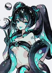 Rule 34 | 1girl, :p, absurdres, air bubble, alternate hair color, aqua eyes, aqua hair, aqua tongue, breasts, bubble, collarbone, gradient skin, hatsune miku, highres, index finger raised, kazenemuri, long hair, looking at viewer, multicolored hair, navel, nude, number tattoo, shoulder tattoo, simple background, small breasts, solo, tattoo, tentacle hair, tongue, tongue out, twintails, two-tone hair, underboob, upper body, very long hair, vocaloid, white background