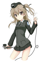 Rule 34 | 1girl, beret, black bow, black hairband, black hat, black jacket, black necktie, black skirt, blush, bow, brown eyes, brown hair, closed mouth, collared shirt, fingernails, flipper, girls und panzer, hair between eyes, hair bow, hairband, hat, head tilt, holding, jacket, long hair, long sleeves, looking at viewer, military, military uniform, mini hat, necktie, one side up, pleated skirt, selection university military uniform, shimada arisu, shirt, simple background, sitting, skirt, solo, translation request, uniform, v-shaped eyebrows, white background, white shirt