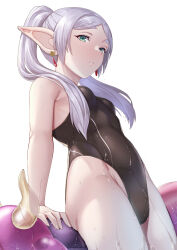Rule 34 | 1girl, aura (sousou no frieren), aura bullying (meme), competition swimsuit, drop earrings, earrings, frieren, green eyes, grey hair, highleg, highleg swimsuit, highres, inflatable toy, jewelry, meme, miga (migao), one-piece swimsuit, pointy ears, ponytail, sousou no frieren, swimsuit