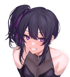 Rule 34 | 1girl, bare shoulders, black hair, breasts, cleavage, copyright request, crescent, crescent earrings, earrings, elbow gloves, gloves, grin, hair ribbon, highres, jewelry, looking at viewer, medium breasts, one side up, purple eyes, purple ribbon, ribbon, simple background, smile, solo, ulrich (tagaragakuin), white background