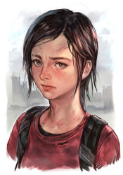 Rule 34 | 1girl, backpack, bag, black shirt, blue eyes, brown hair, closed mouth, cropped torso, ellie (the last of us), freckles, hungry clicker, long hair, long sleeves, looking at viewer, portrait, red sweater, scar, shirt, solo, sweater, the last of us, the last of us (series), upper body