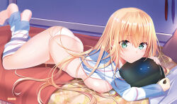Rule 34 | 1girl, ass, barefoot, blonde hair, breast press, breasts, casual, comiket 101, commission, crossed legs, green eyes, hair between eyes, hair down, hair spread out, heaven burns red, indoors, jacket, large breasts, leg up, long hair, long sleeves, looking at viewer, lying, navi (heaven burns red), nipples, hugging object, on stomach, otou (otou san), panties, parted lips, shiny skin, sideboob, skeb commission, solo, straight hair, thighs, toujou tsukasa, underwear, very long hair, white panties