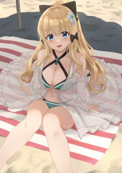 Rule 34 | 1girl, absurdres, beach, blonde hair, blue eyes, breasts, elf, highres, large breasts, long hair, pointy ears, princess connect!, saren (princess connect!), swimsuit, tagme, yanazawa ko