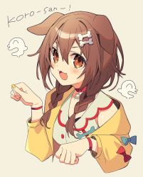 Rule 34 | 1girl, :3, animal ears, blush, bone hair ornament, braid, breasts, brown eyes, brown hair, character name, choker, commentary, dog ears, dog girl, dress, fang, grey background, hair between eyes, hair ornament, hololive, inugami korone, inugami korone (1st costume), jacket, looking at viewer, medium breasts, medium hair, nail polish, open mouth, oshioshio, paw pose, red choker, side braids, simple background, sleeveless, sleeveless dress, smile, solo, twin braids, upper body, virtual youtuber, white dress, wristband, yellow jacket, yellow nails
