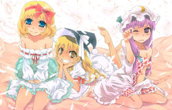 Rule 34 | 3girls, alice margatroid, alternate costume, argyle, bare shoulders, barefoot, bed, blonde hair, blue eyes, blush, crescent, dress, feathers, female focus, frills, grin, hairband, hands on own cheeks, hands on own face, hat, hat ribbon, kirisame marisa, kneeling, long hair, lying, multiple girls, off shoulder, on bed, on stomach, one eye closed, open mouth, patchouli knowledge, patterned, pillow, purple eyes, purple hair, ribbon, short hair, sitting, sleepy, smile, tears, touhou, wink, witch, witch hat, yellow eyes, yuu (kfc)
