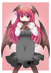 Rule 34 | 1girl, bad id, bad pixiv id, black dress, book, demon girl, dress, embarrassed, hammer (sunset beach), head wings, koakuma, looking at viewer, open mouth, pantyhose, pink background, pornography, red eyes, red hair, solo, touhou, wings