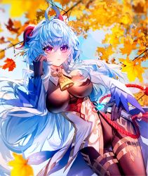 Rule 34 | ahoge, baocaizi, bell, black gloves, black legwear, blue hair, blush, bodystocking, bodysuit, breasts, chinese knot, curled horns, detached sleeves, flower knot, ganyu (genshin impact), genshin impact, gloves, gold trim, hand on own hip, highres, horns, large breasts, leaf, long hair, looking at viewer, neck bell, purple eyes, tassel, thigh gap, thighlet, very long hair, vision (genshin impact), white sleeves