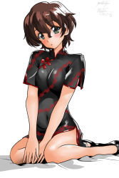 Rule 34 | 1girl, :o, akaboshi koume, alternate costume, artist name, bed sheet, black dress, black footwear, blue eyes, blush, breasts, brown hair, china dress, chinese clothes, commentary, dated, dress, full body, girls und panzer, hands on own legs, head tilt, legs, long dress, looking at viewer, matsui yasutsugu, on bed, one-hour drawing challenge, parted lips, print dress, shadow, shoes, short dress, short hair, side slit, signature, sitting, small breasts, solo, wavy hair, white background, yokozuwari