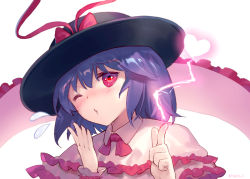 Rule 34 | 1girl, ainy, bad id, bad pixiv id, black hat, blush, bow, capelet, electricity, embarrassed, energy, flying sweatdrops, frills, hand to own mouth, hat, hat bow, hat ribbon, looking at viewer, nagae iku, one eye closed, pouty lips, purple hair, red bow, red eyes, red ribbon, ribbon, shawl, short hair, solo, touhou, white background
