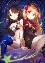 Rule 34 | 2girls, :o, arm support, armlet, asymmetrical sleeves, between breasts, black dress, black hair, black legwear, black ribbon, blonde hair, blue thighhighs, blush, bow, breasts, cape, dress, earrings, ereshkigal (fate), fate/grand order, fate (series), gold trim, hair bow, hair ribbon, high heels, highres, holding, hoop earrings, ishtar (fate), jewelry, long hair, looking at viewer, medium breasts, multiple girls, navel, necklace, parted bangs, planet, purple bow, purple cape, purple eyes, rangu, red eyes, ribbon, short dress, shoulder-to-shoulder, siblings, single sleeve, single thighhigh, sisters, sitting, skull necklace, sky, smile, spine, star (sky), starry sky, strapless, thighhighs, tiara, tube top, two side up, uneven sleeves