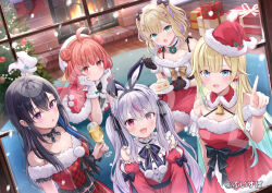Rule 34 | 5girls, :d, :o, ahoge, aizawa ema, animal ears, aqua hair, bare shoulders, beret, black gloves, black hair, black hairband, blonde hair, blue eyes, blush, box, breasts, brown hair, cake, cake slice, capelet, christmas, christmas ornaments, christmas tree, cleavage, closed mouth, collarbone, commentary request, cup, detached sleeves, double bun, dress, drink, drinking glass, fire, fireplace, food, from outside, fur-trimmed capelet, fur-trimmed dress, fur-trimmed gloves, fur-trimmed headwear, fur-trimmed legwear, fur trim, gift, gift box, gloves, gradient hair, green eyes, grey hair, hair between eyes, hair bun, hairband, hand up, hat, higeneko, holding, holding cup, holding plate, ichinose uruha, indoors, juliet sleeves, kurumi noah, legs up, long hair, long sleeves, lying, medium breasts, multicolored hair, multiple girls, no shoes, off-shoulder dress, off shoulder, official art, on stomach, open mouth, parted lips, plate, puffy sleeves, purple eyes, purple hair, rabbit ears, red capelet, red dress, red eyes, red headwear, red sleeves, santa costume, santa hat, short eyebrows, smile, snowman hair ornament, socks, soles, streaked hair, thick eyebrows, tilted headwear, tosaki mimi, twintails, very long hair, virtual youtuber, vspo!, white gloves, white headwear, white socks, window, wooden floor, x-ray, yumeno akari