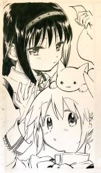 Rule 34 | 2girls, :o, akemi homura, alien, blush stickers, bow, bowtie, closed mouth, collared shirt, commentary request, creature on head, expressionless, fingernails, greyscale, hair ribbon, hairband, hand up, high collar, highres, holding another&#039;s tail, jewelry, kaname madoka, kyubey, lace-trimmed sleeves, lace trim, long hair, long sleeves, looking at viewer, mahou shoujo madoka magica, mahou shoujo madoka magica (anime), mitakihara school uniform, monochrome, multiple girls, no+bi=, open mouth, portrait, ribbon, ring, school uniform, shirt, short hair, short twintails, studded hairband, tail, traditional media, twintails, upper body, waving